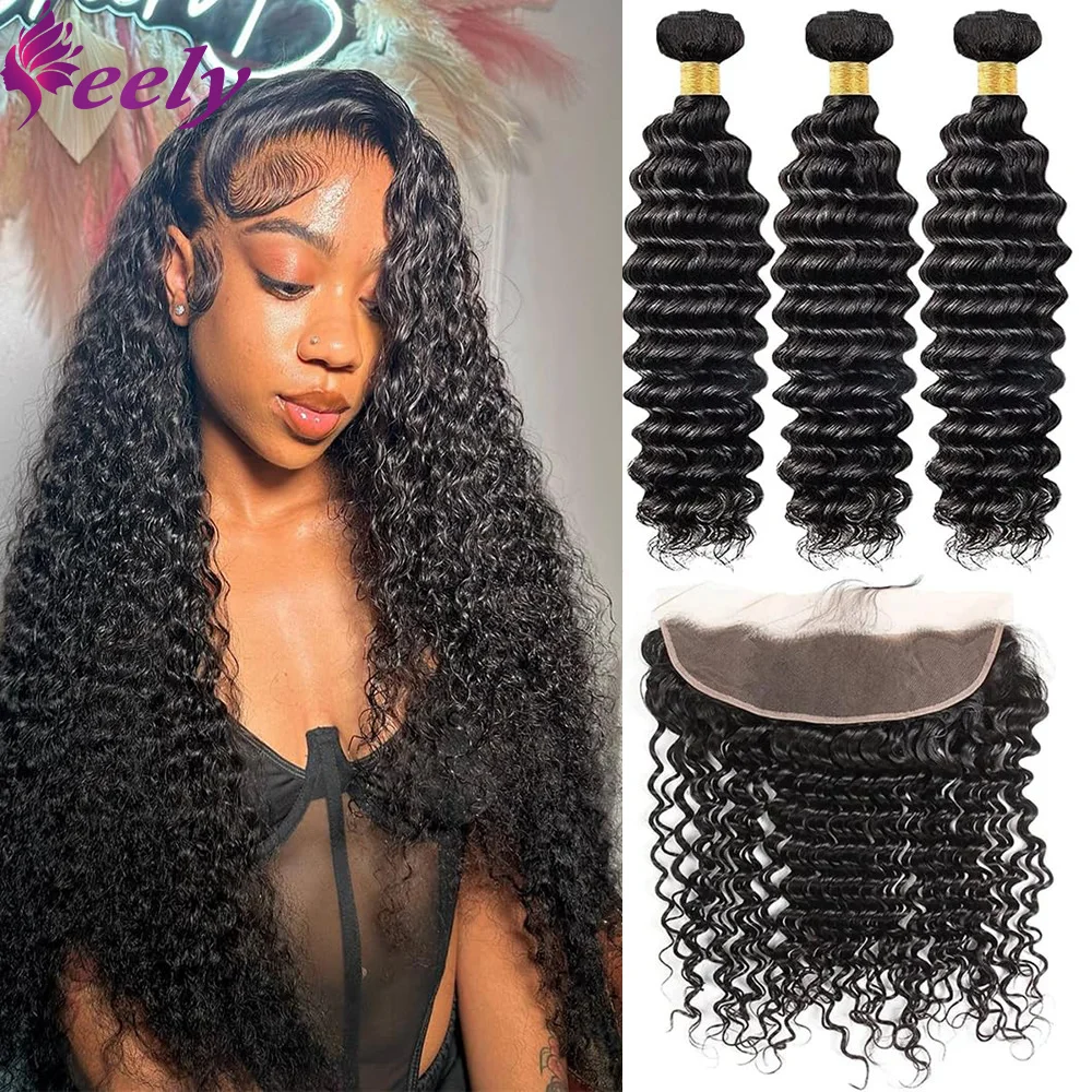 

Deep Wave Human Hair Bundles With 13x4 Transparent Lace Frontal Brazilian 100% Human Hair Weave Extension 3 Bundles With Closure