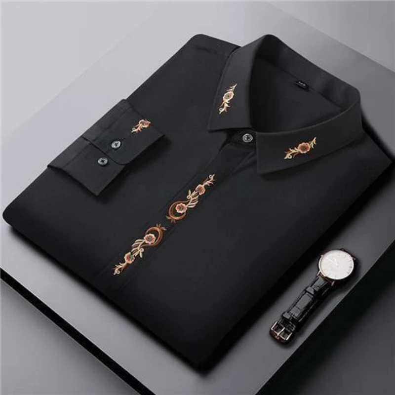 Smart Casual Embroidery Long Sleeve Shirt Tops Spring Autumn Polo Neck Loose Plus Size Vintage Blouse Fashion Trend Men Clothing