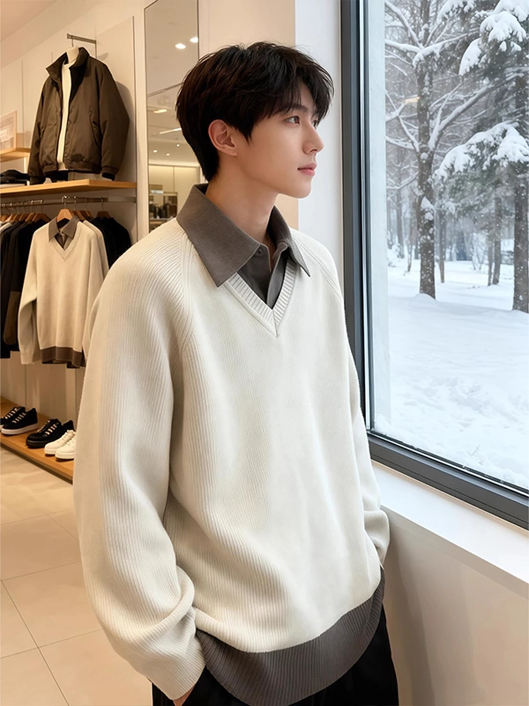 

Khaki Collared Knitwear Men's Winter Korean Sle Aosphere Sweater Lazy Sle Inner Wear Base irt Regular Fit Soft Material