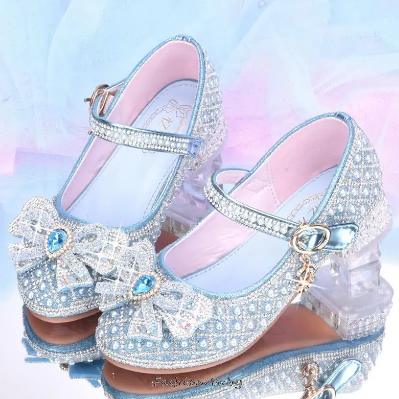 Girls Glitter Sandals Children\'s High Heels Shoes Kids Performance Crystal Sandals Baby Catwalk Princess Children\'s Shoes