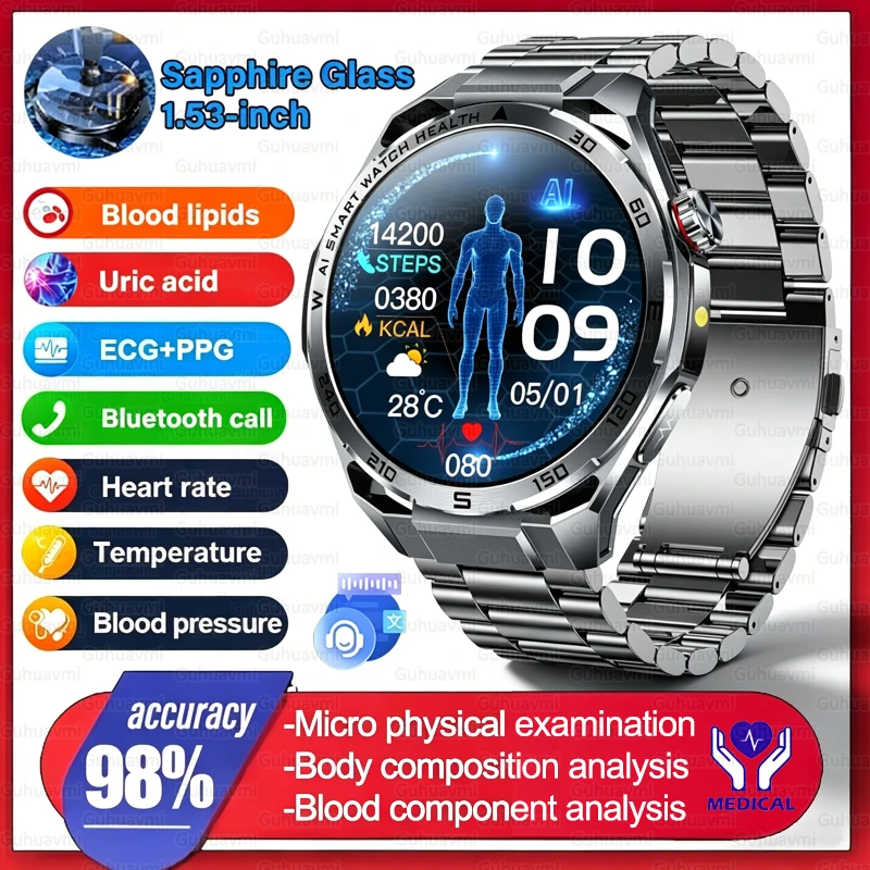 

Новые смарт-часы 2026 года с ИИ, ЭКГ+ППГ, для мужчин, 1.53'' AMOLED, с функцией микро-физического обследования, мониторинга уровня мочевой кислоты, липидов крови, АД, водонепроницаемые IP68