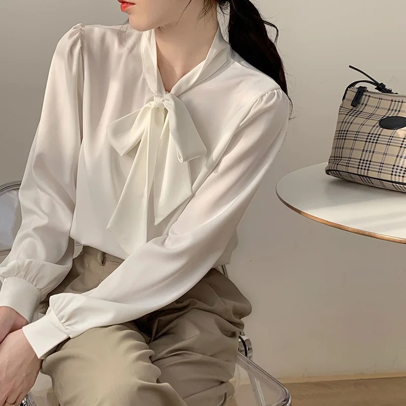 Elegant V-Neck Bow Long Sleeve Loose Satin Blouse Plus Size Spring Autumn Solid Color Tops Fashion Commute Women Clothing Shirt