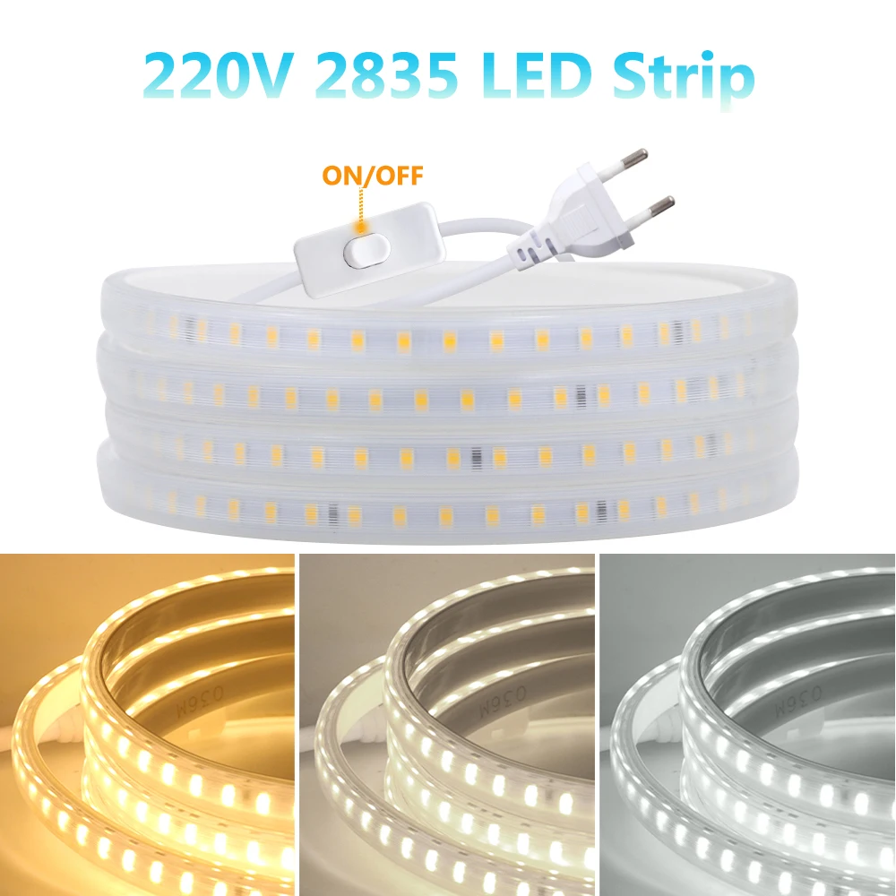 

220V LED Strip Light 2835 Waterproof LED Light High Brightness 120LEDs/m Flexible Kitchen Outdoor Garden LED Tape With Switch