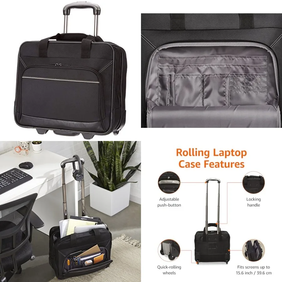 

Rolling Wheeled Laptop Bag, 15.6 in, Black, Sturdy with Compartments and Locking Handle,Rolling laptop case designed for on-the-go professionals,Designed to protect laptops with up to 15.6 inch screens