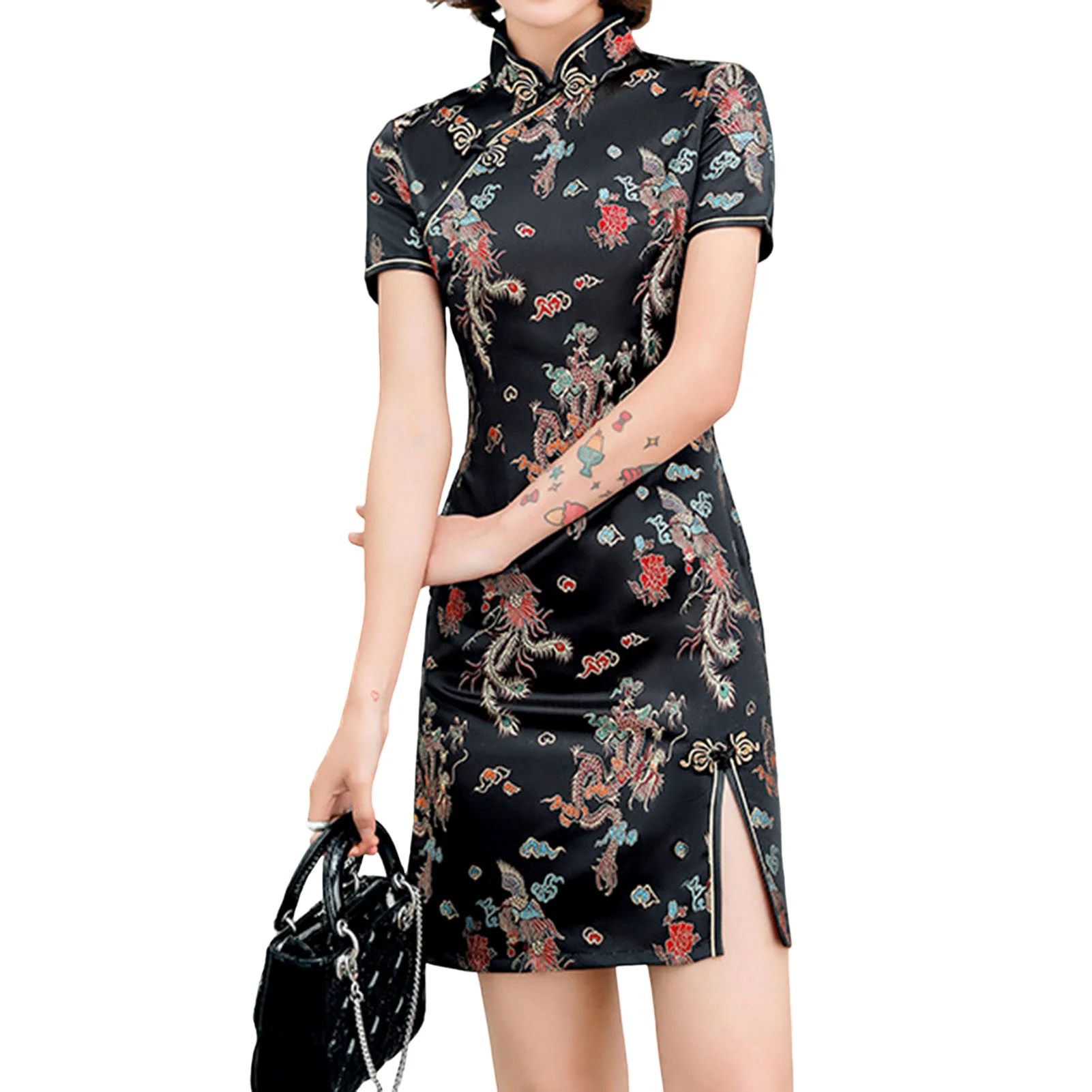 

Women's Cheongsam Dresses Cheongsam Split Mini Dress with Colorful Dragon Patterns Traditional Chinese Formal Wear