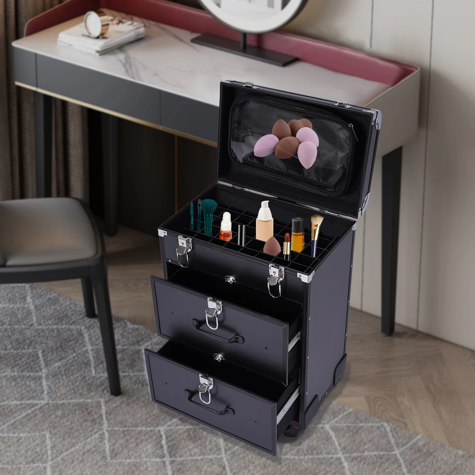 3-Tier Professional Rolling Makeup Train Case Cosmetic Trolley Makeup Storage Organizer