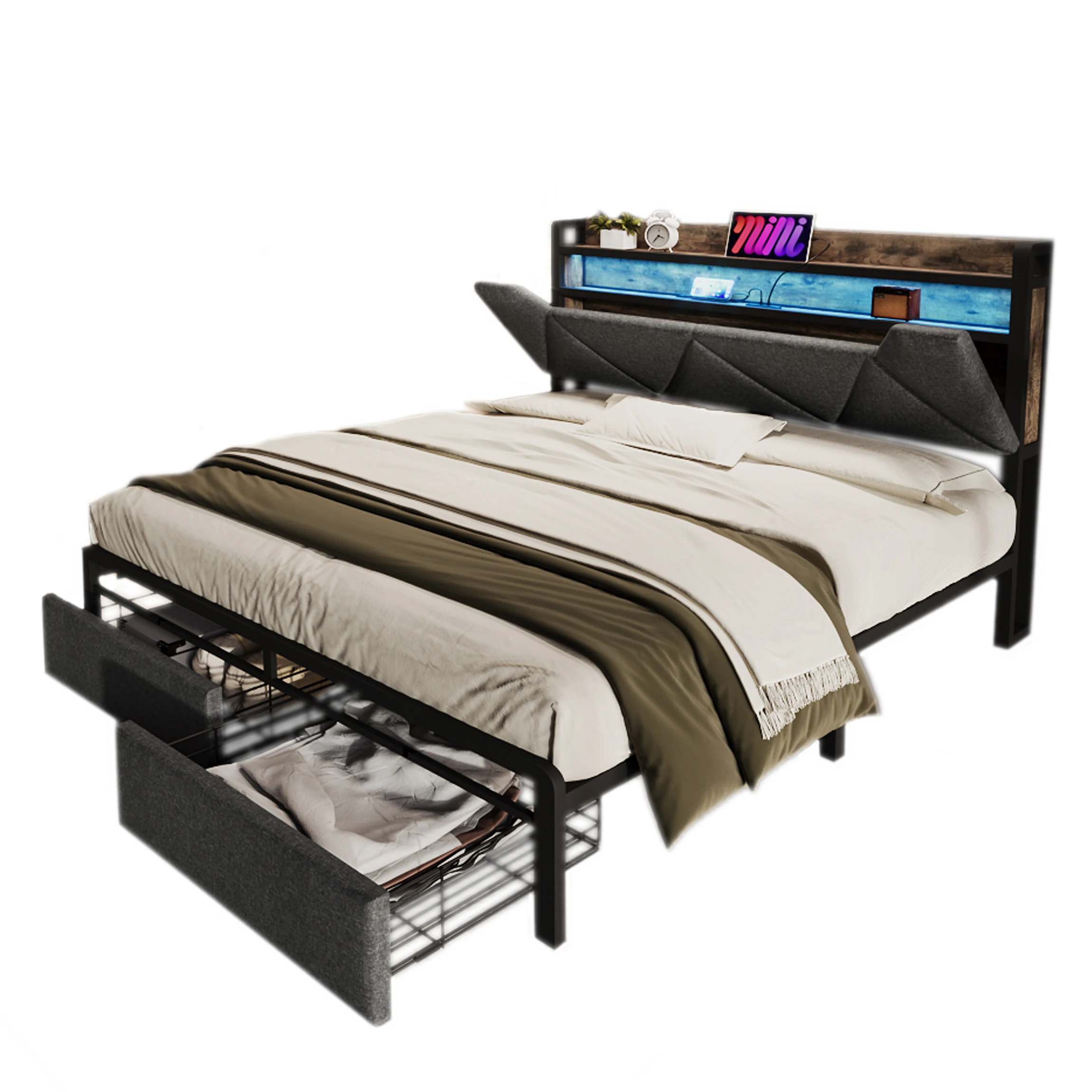 Lit avec rangement 140x200 cm double rembourré avec tiroirs et USB, Lin, Gris, sans matelas