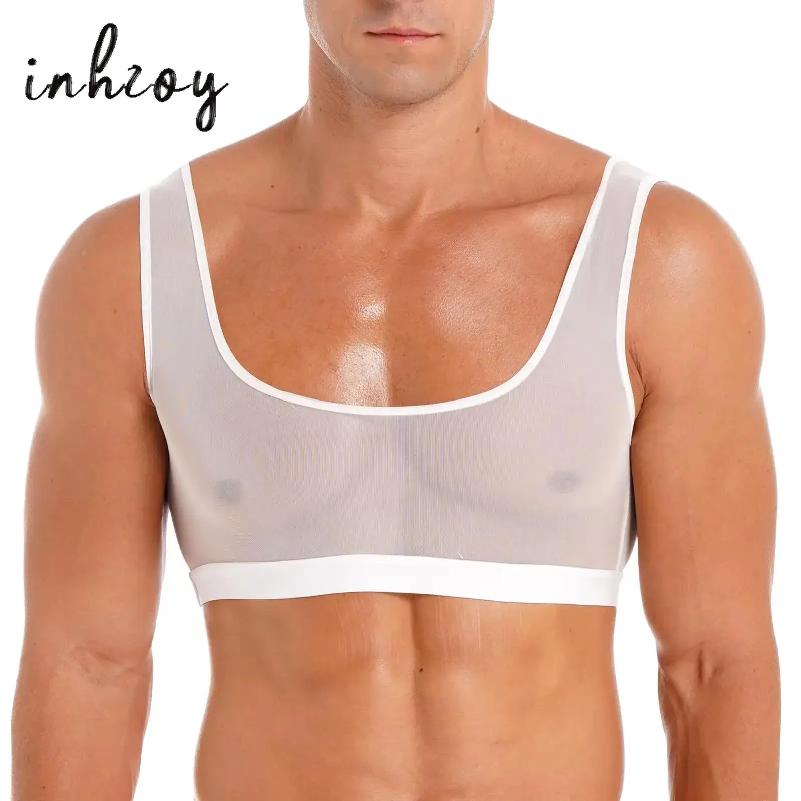 

Gay Mens Mesh See Through Bra Tank Tops Sheer Sleeveless Crop Top Lingerie Undershirts Workout Fitness Vest Party Clubwear