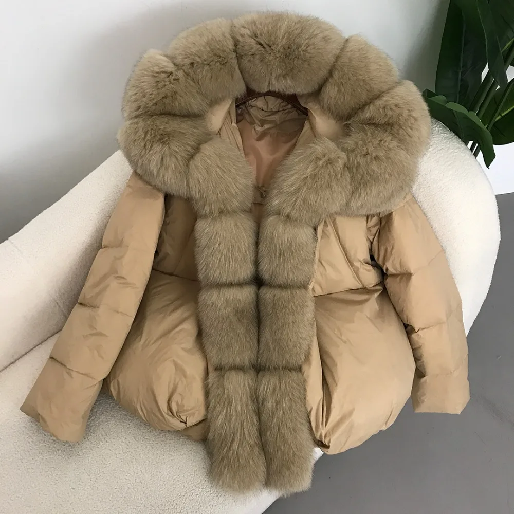 Real Fox Fur Coat 2024 New Oversize Fox Fur Collar Jacket Women Winter White Duck Down Jacket Women Big Fur Thick Warm Outerwear