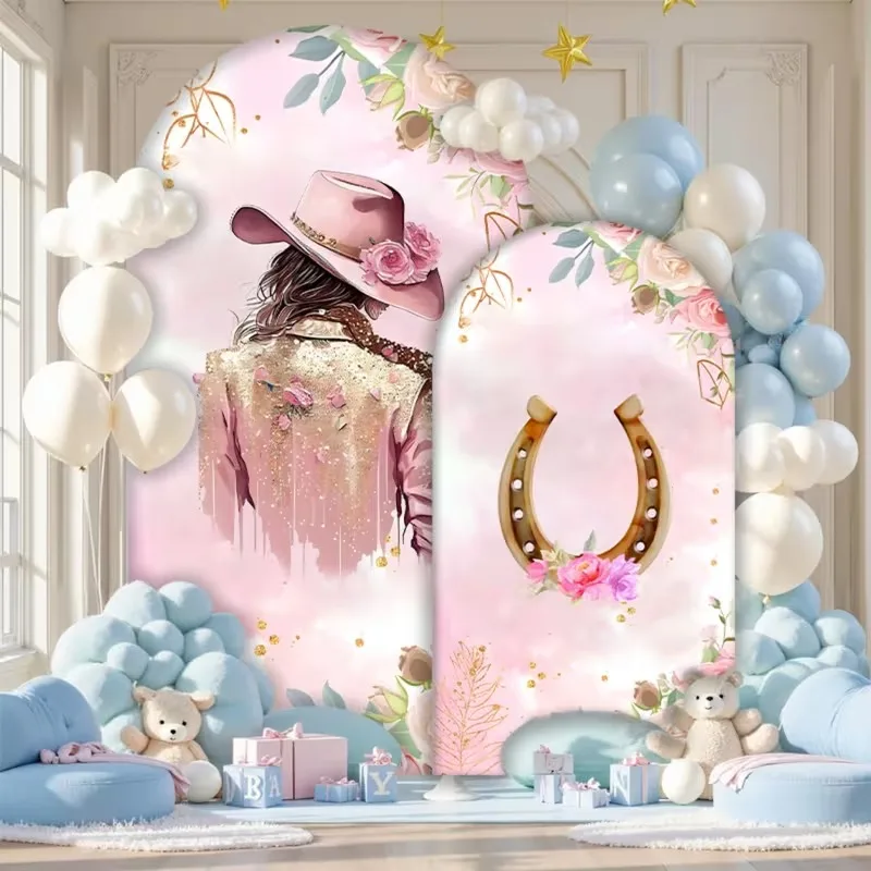 

Декоративный фон-арка Mehofond Custom с двусторонним изображением розовых лошадей и цветов в стиле вестерн для детского дня рождения или вечеринки в честь рождения ребенка