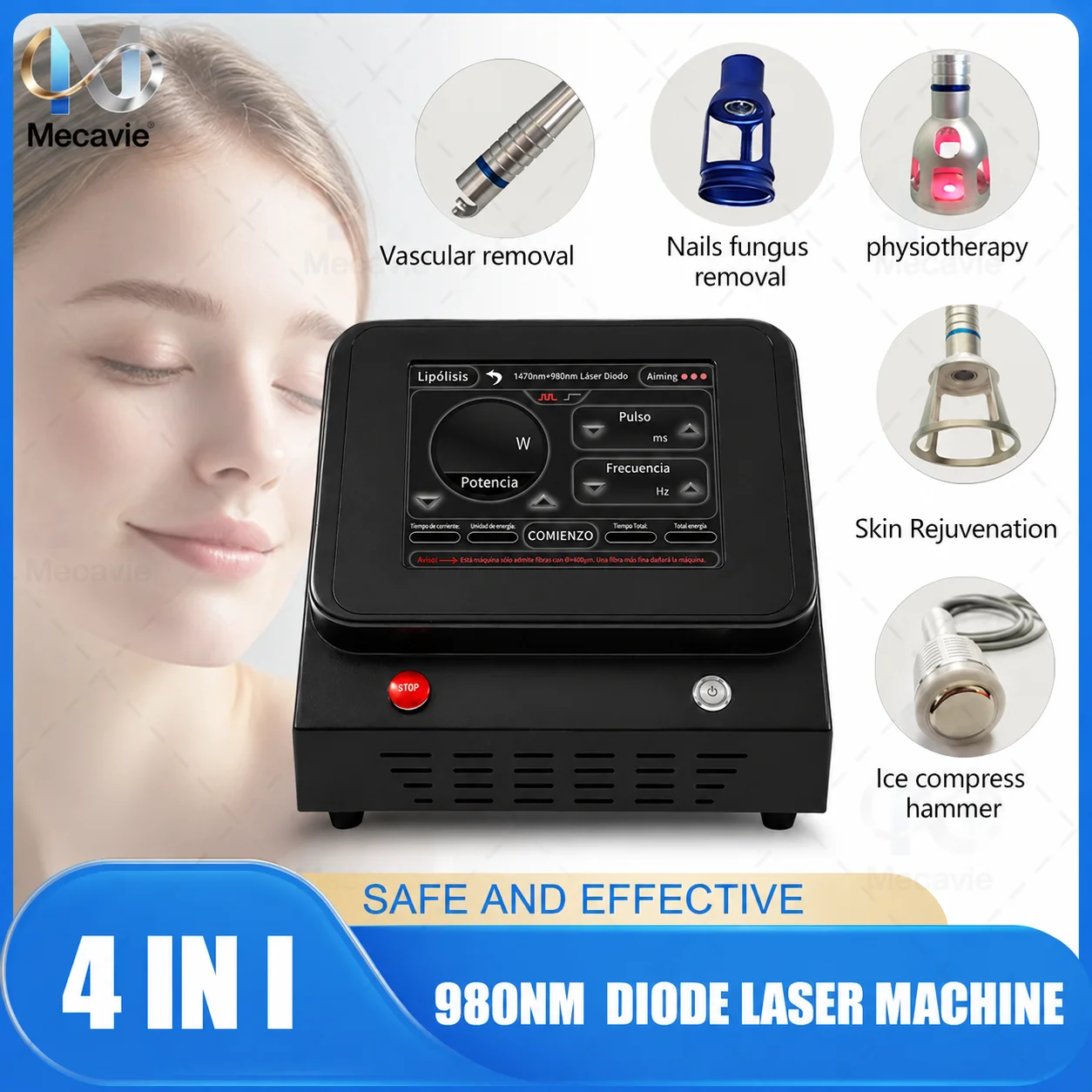 980nm Diode Laser Machine 30W Vascular Spider Vein Removal Nail Fungus Treatment Physiotherapy Skin Rejuvenation Ice Hammer CE