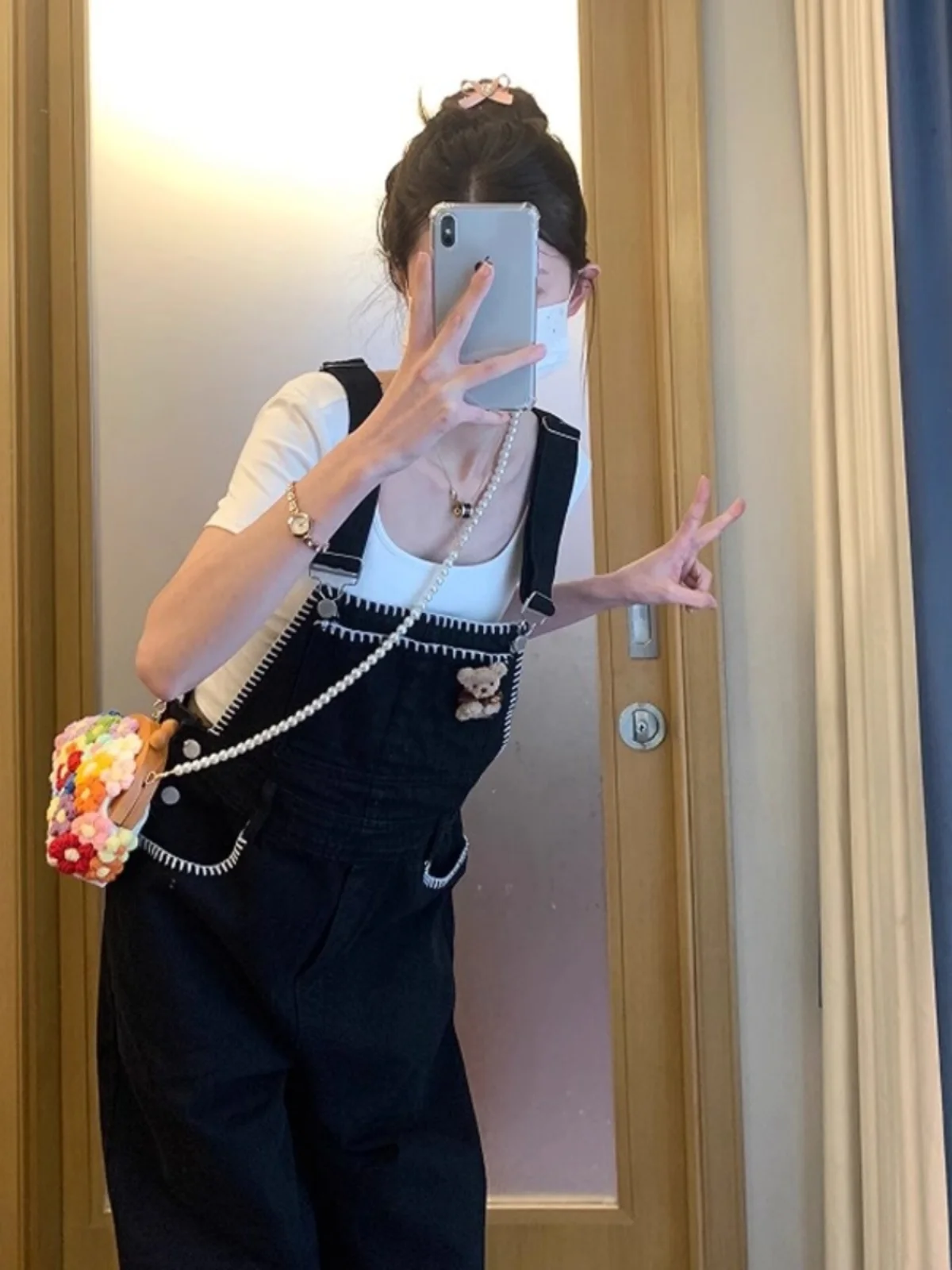 

Ретро-джинсовый комбинезон в американском стиле для женщин, с высокой талией, свободный крой, прямые штанины, повседневные брюки, корейский стиль, для работы и отдыха