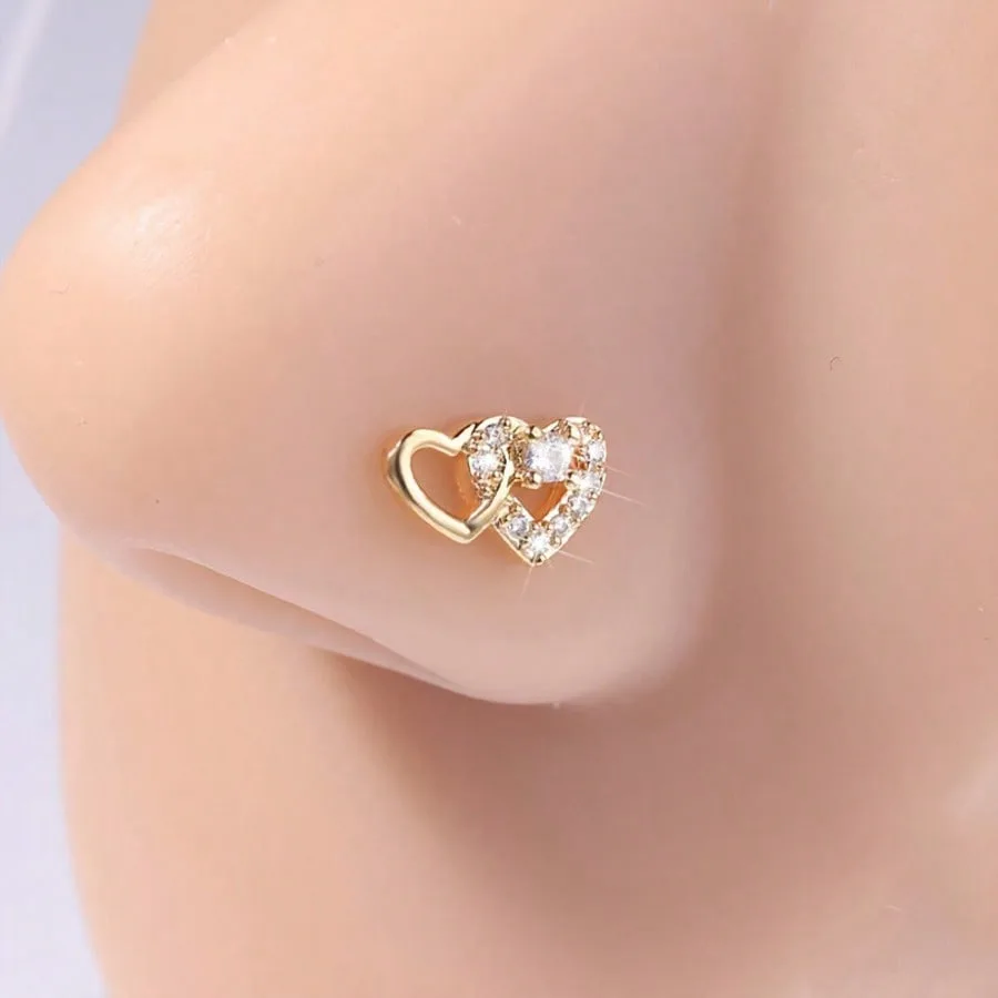20G L Shaped Nose Studs Rings Cute Heart Shiny CZ Love Gold Silver Color Nose Piercing For Women Nostril Piercing Jewelry