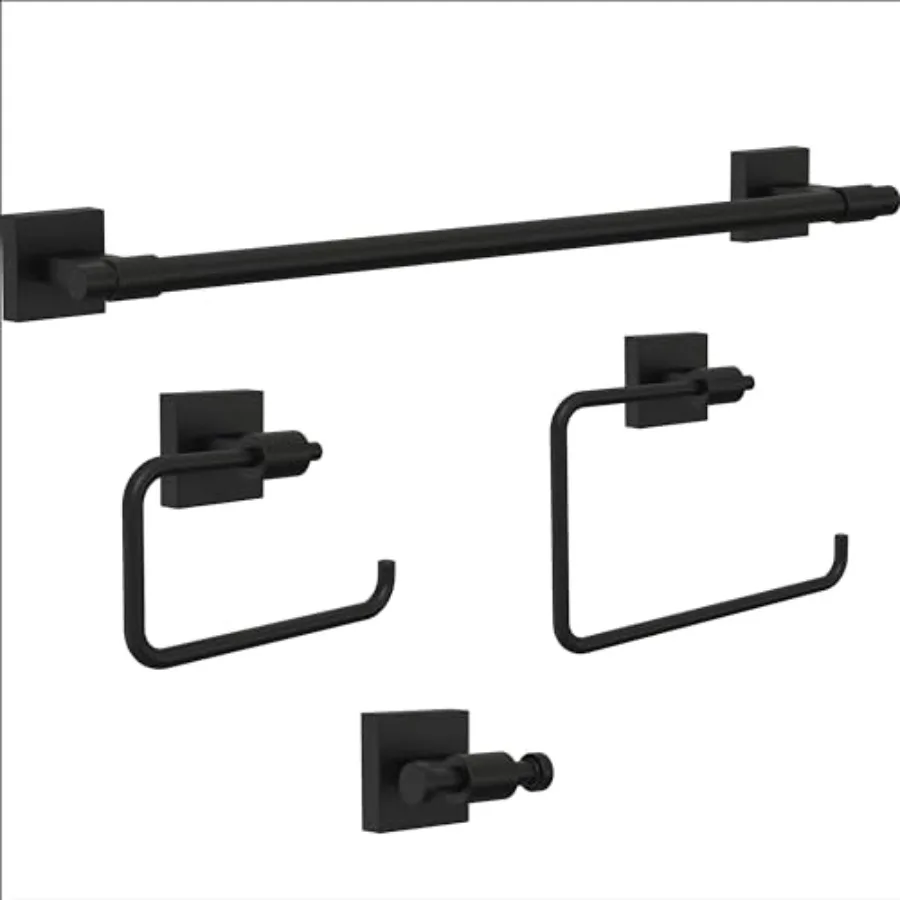 

Maxted 4-Piece Bath Hardware Set with 18 in. Towel Bar Toilet Paper Holder Towel Ring Hook in Matte Black
