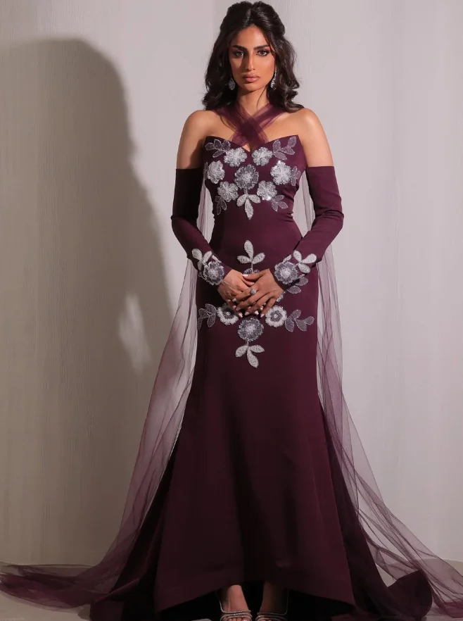 맞춤형 고품질 민소매 아플리케 장갑 댄스 파티 스윕 기차 지퍼 백리스 이브닝 드레스 플러스 사이즈 이브닝 드레스