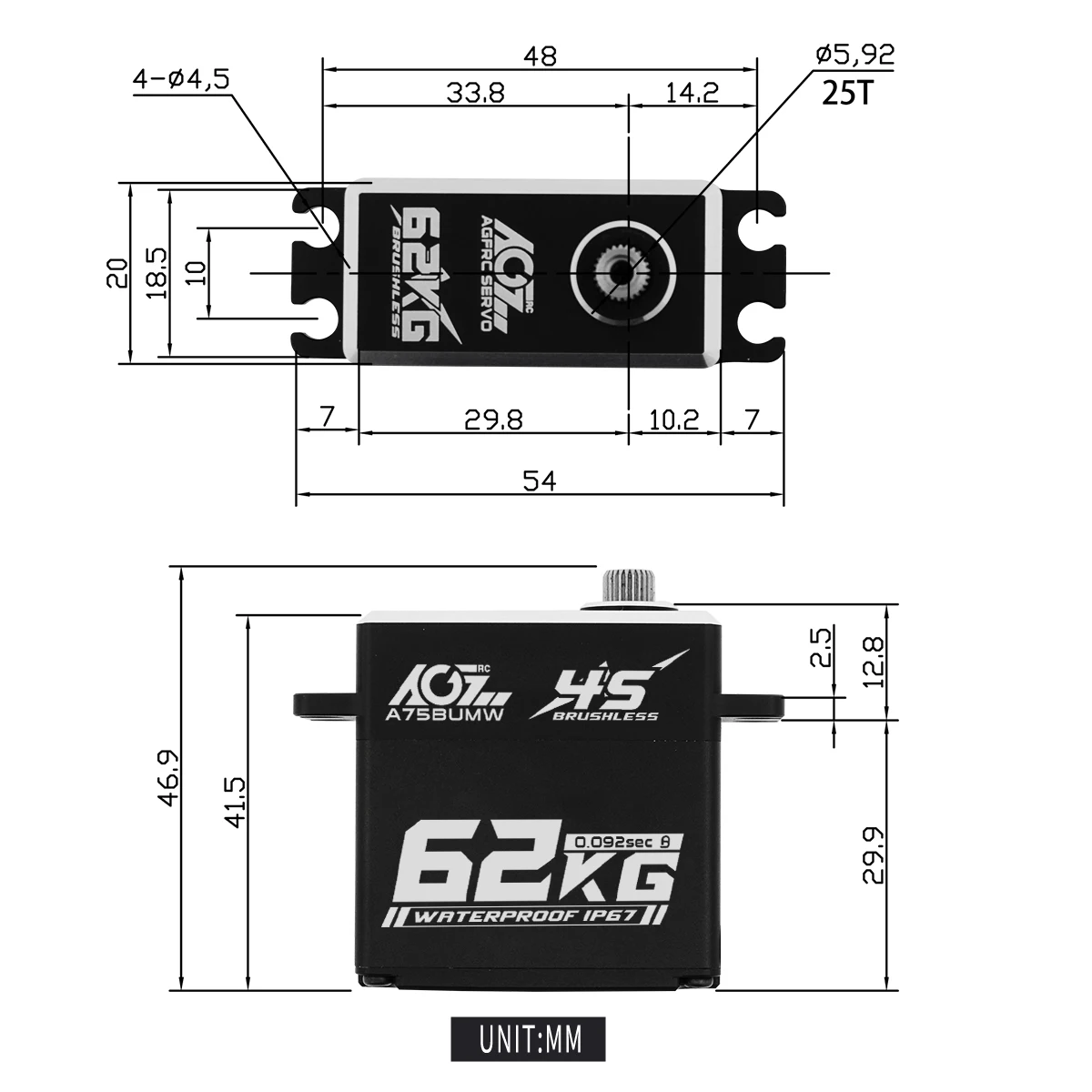 Agfrc 62kg super drehmoment a75bumw 4s 16,8 v hv programmier bares wasserdichtes bürstenloses rc servo für rc auto crawler buggy lkw – Detail 2