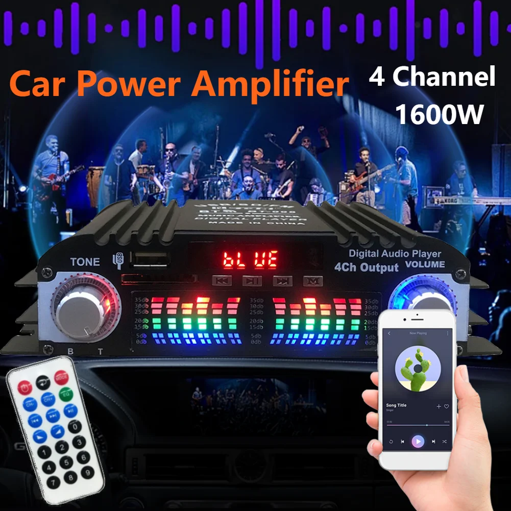 

4-канальный автомобильный усилитель мощности 1600 Вт, Hi-Fi стереоусилитель, FM-радио, пульт дистанционного управления, USB, Bluetooth-совместимый звуковой усилитель