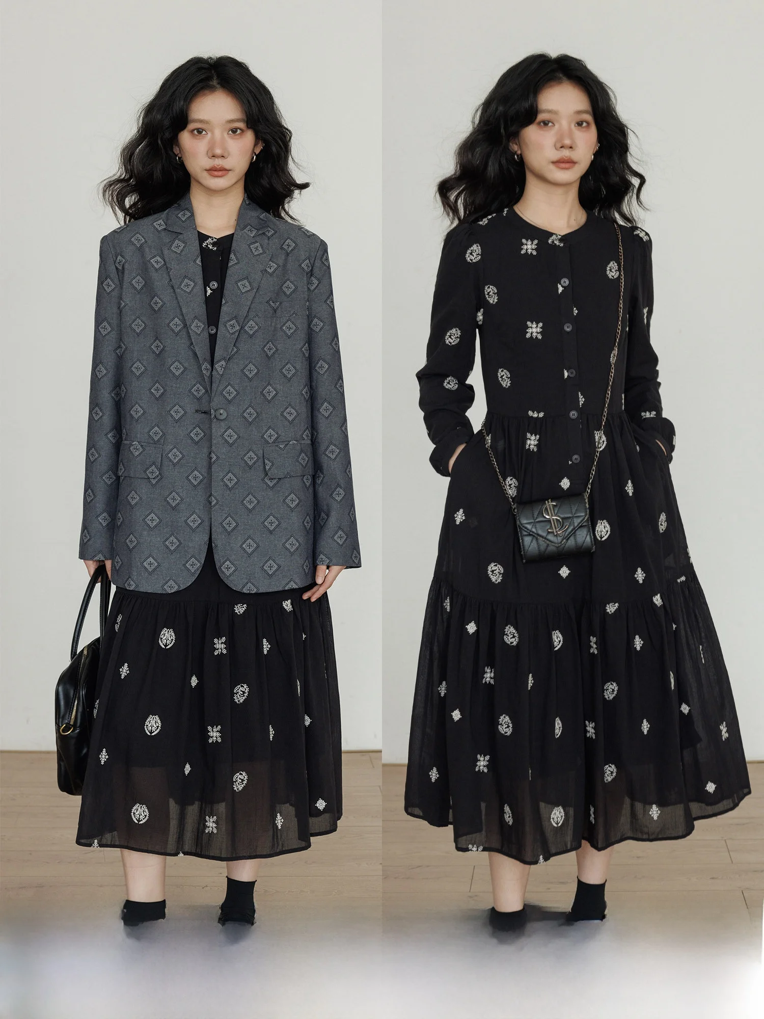 

Spring round Ne Embroidery Slimming Design Casual Cotton Long Dr Women's irt Dr High Waist A-Line Skirt Single Button