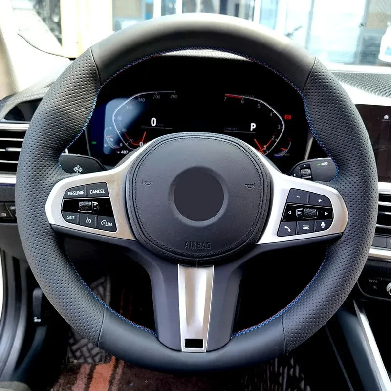 Black - red blue line Perforated Leather Steering Wheel Cover For BMW M Sport G30 G31 G32 G11 G20 G21 G01 G02 X5 G05 G14 G15 G16