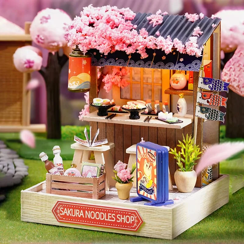 Capanna in legno fatta a mano fai-da-te Negozio di noodle con fiori di ciliegio giapponese assemblato casa mini modello di edificio in miniatura Regalo di compleanno creativo