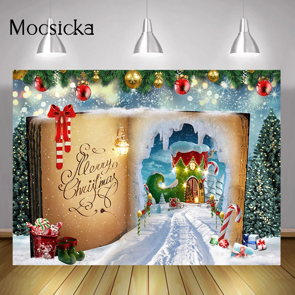 Merry Christmas Party Backdrop Magic Book Snow Fairy Tale Wonderland Background Children Winter Birthday Portrait Photography