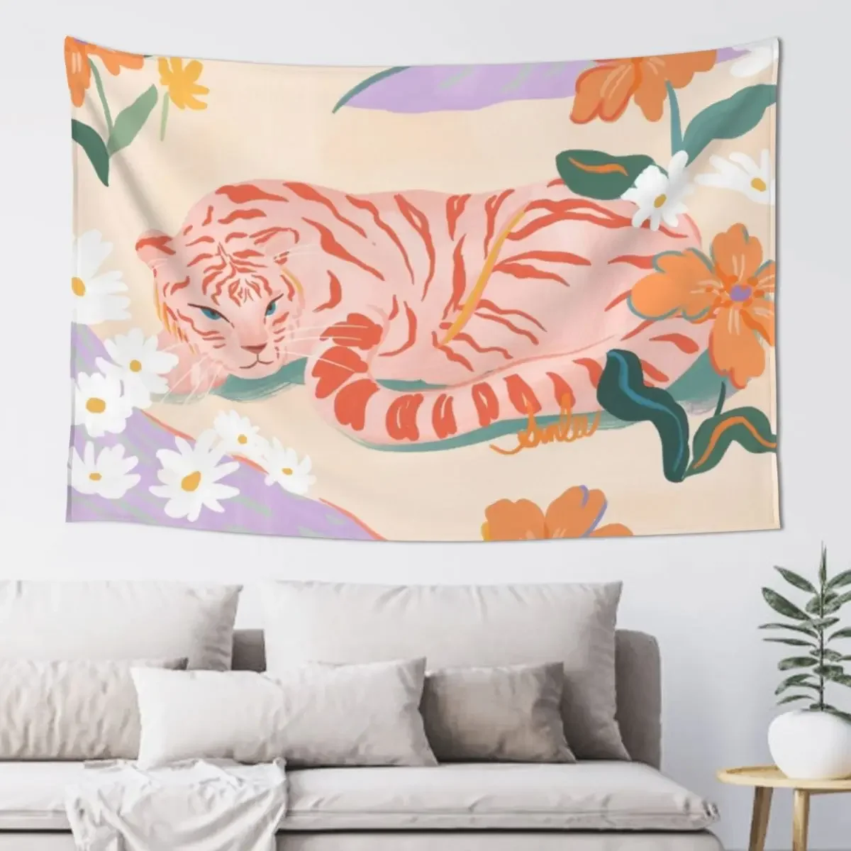 

Pink Tiger in Wild Garden Tapestry Aesthetic Room Decors Cute Room Decor Custom Tapestry