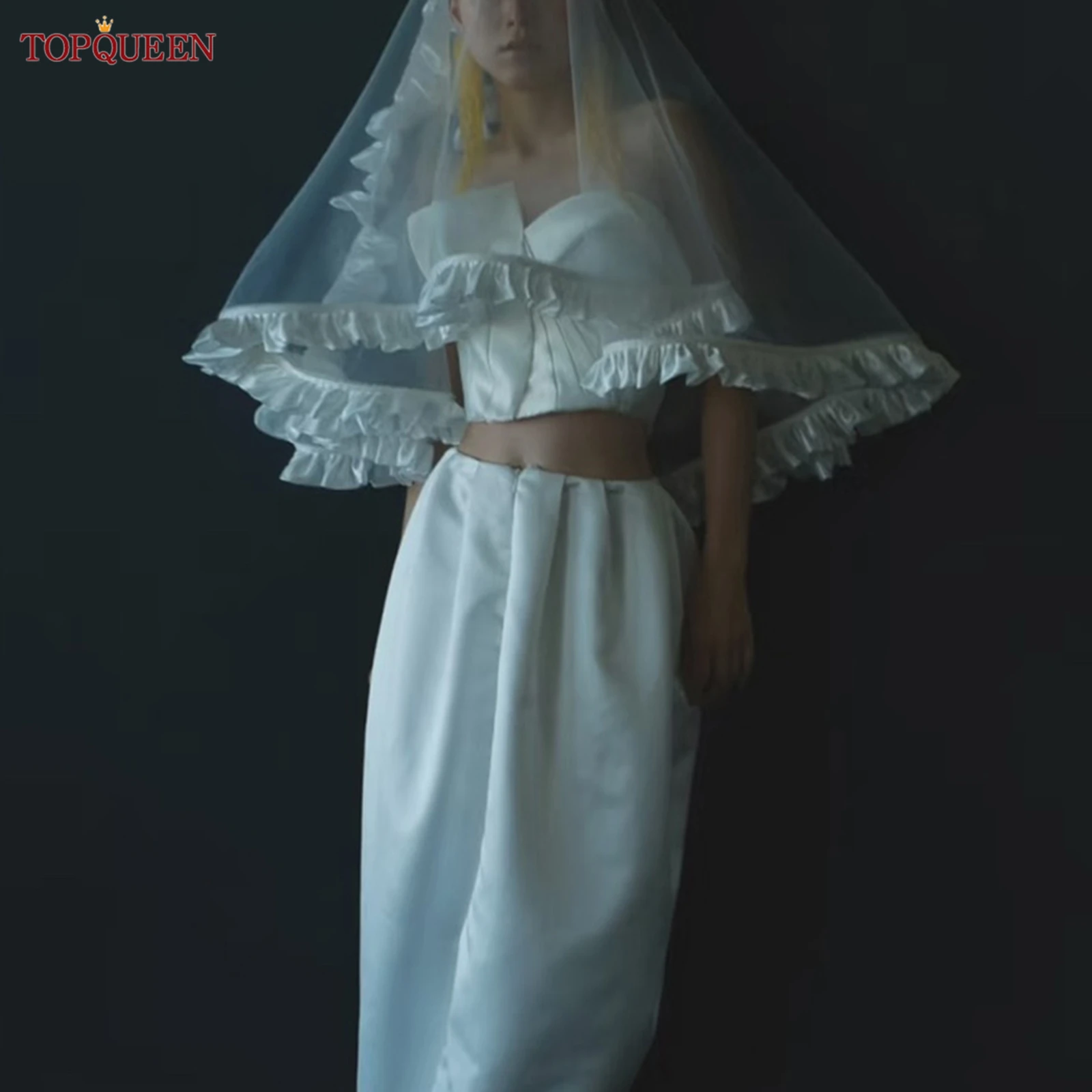 

TOPQUEEN Satin Ruffled Wedding Veil Cute Two-Layer Wavy Edge Veil With Blusher Wedding Accessories Customizable M41