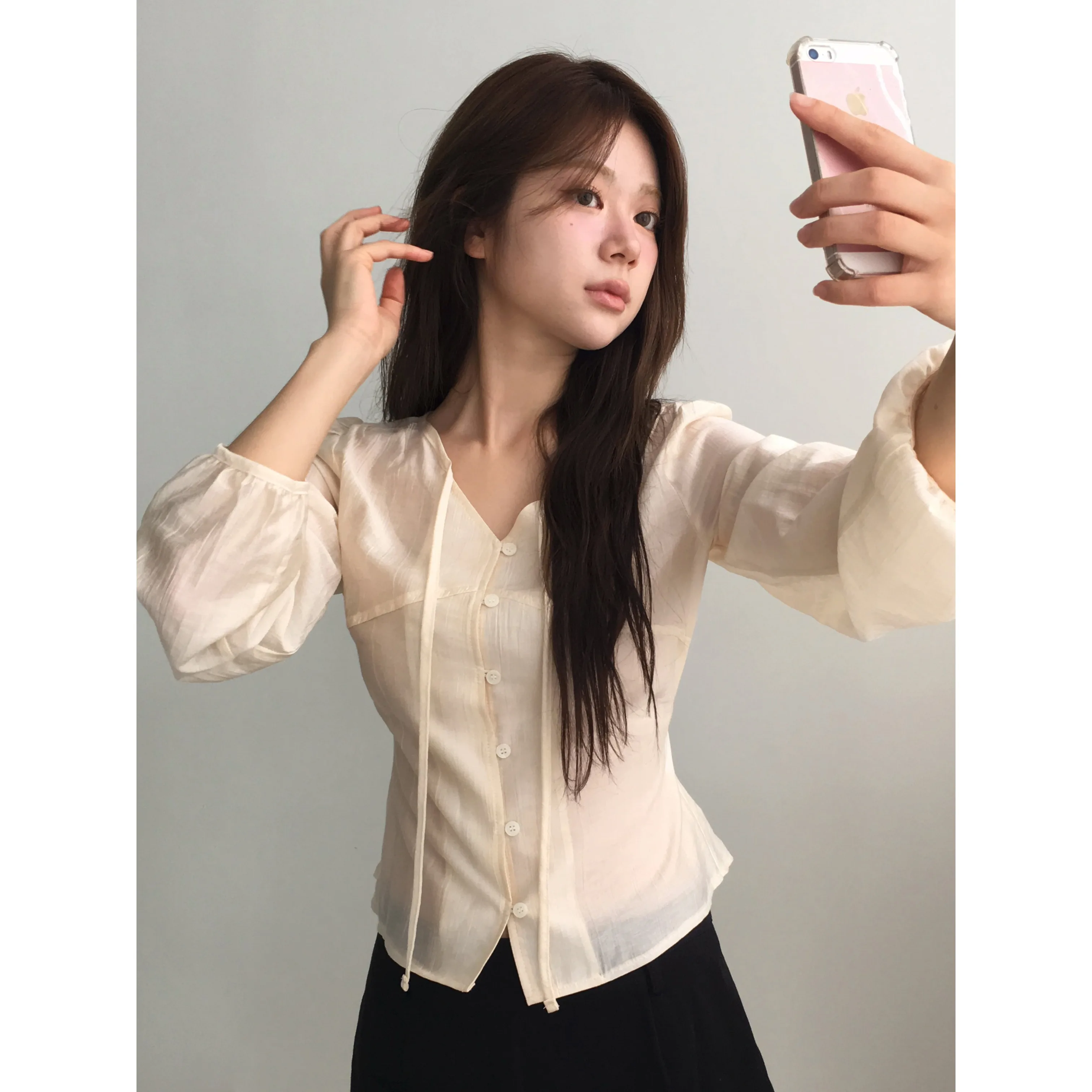 Chic Autumn Long Sleeve Shirt Waist Cinched Single Button Tie Polyester Fiber Casual Style Women's Premium Quality Shirt