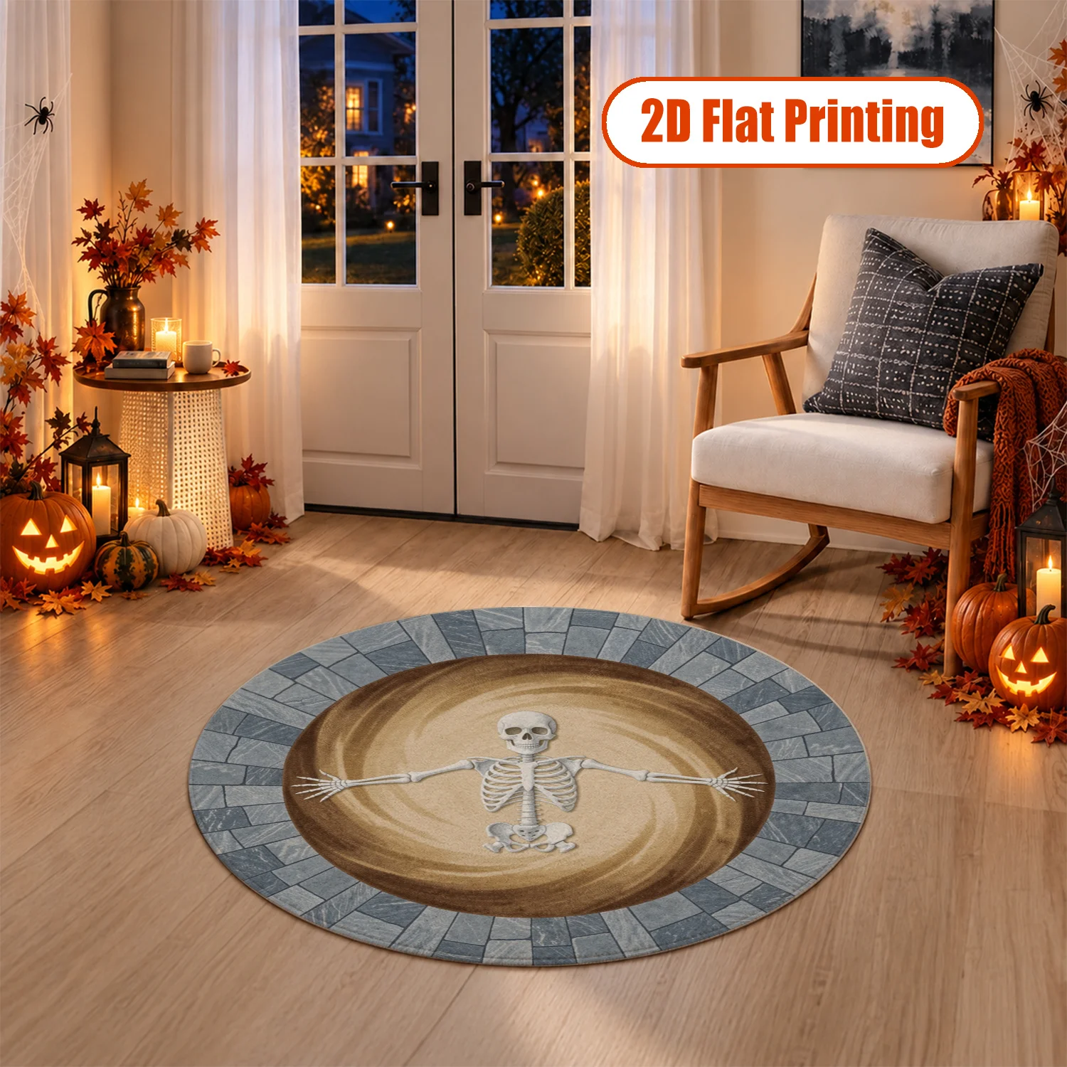 Skeleton Pattern Round Velvet Rug Machine Washable for Living Room Bedroom Entryway Dining Room Halloween Thanksgiving Christmas New Year