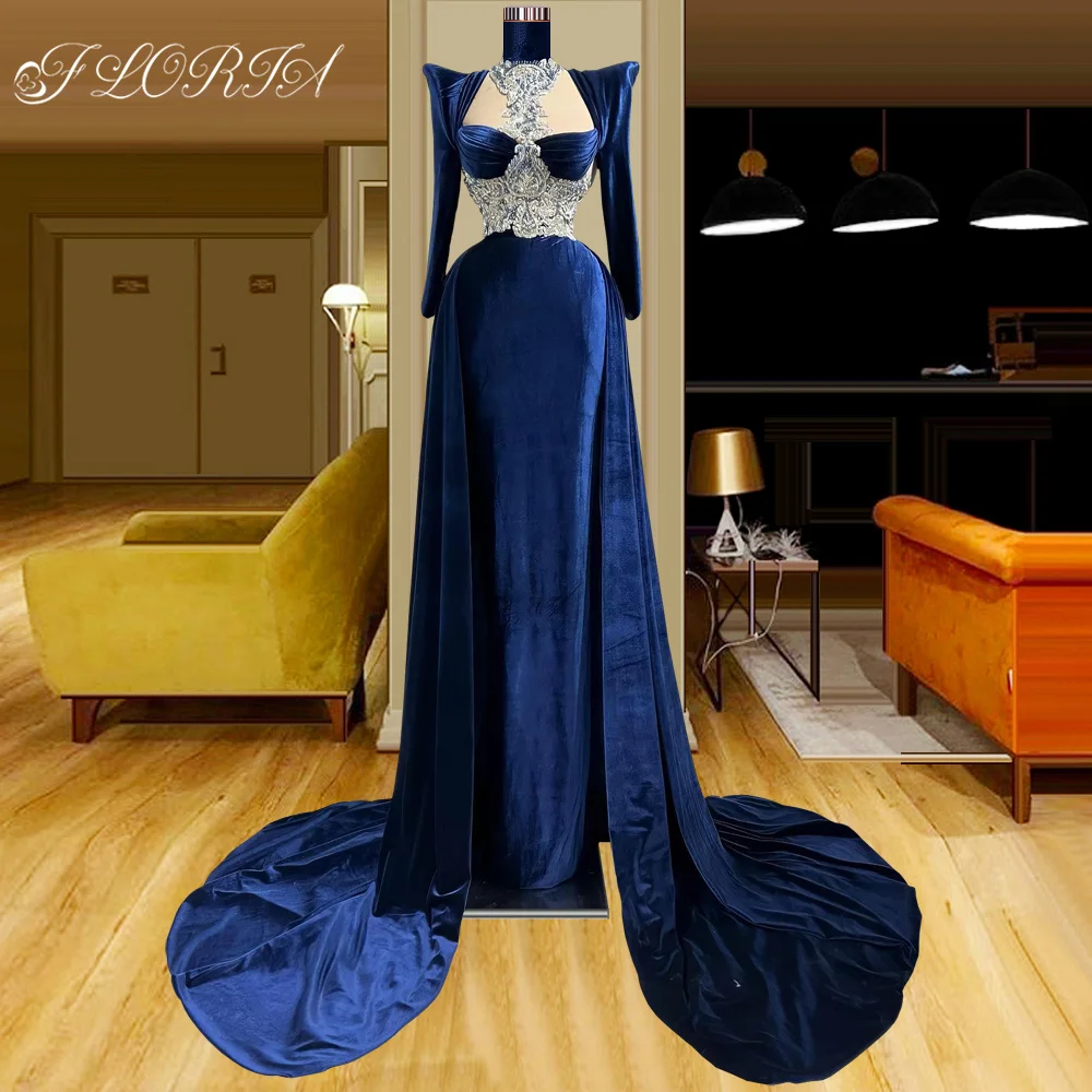 Custom Made Velvet Muslim Mermaid Evening Dresses with Overskirt Long Sleeves High Neck Middle East Woman Formal Party Gowns