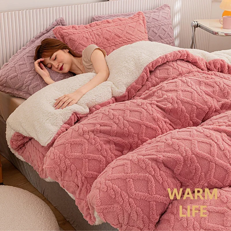 

Winter Warm Duvet Cover Queen King Size Bed Lamb Cashmere Quilt Cover Blanket Jacquard Taffeta Fleece Thick Double Duvet Covers