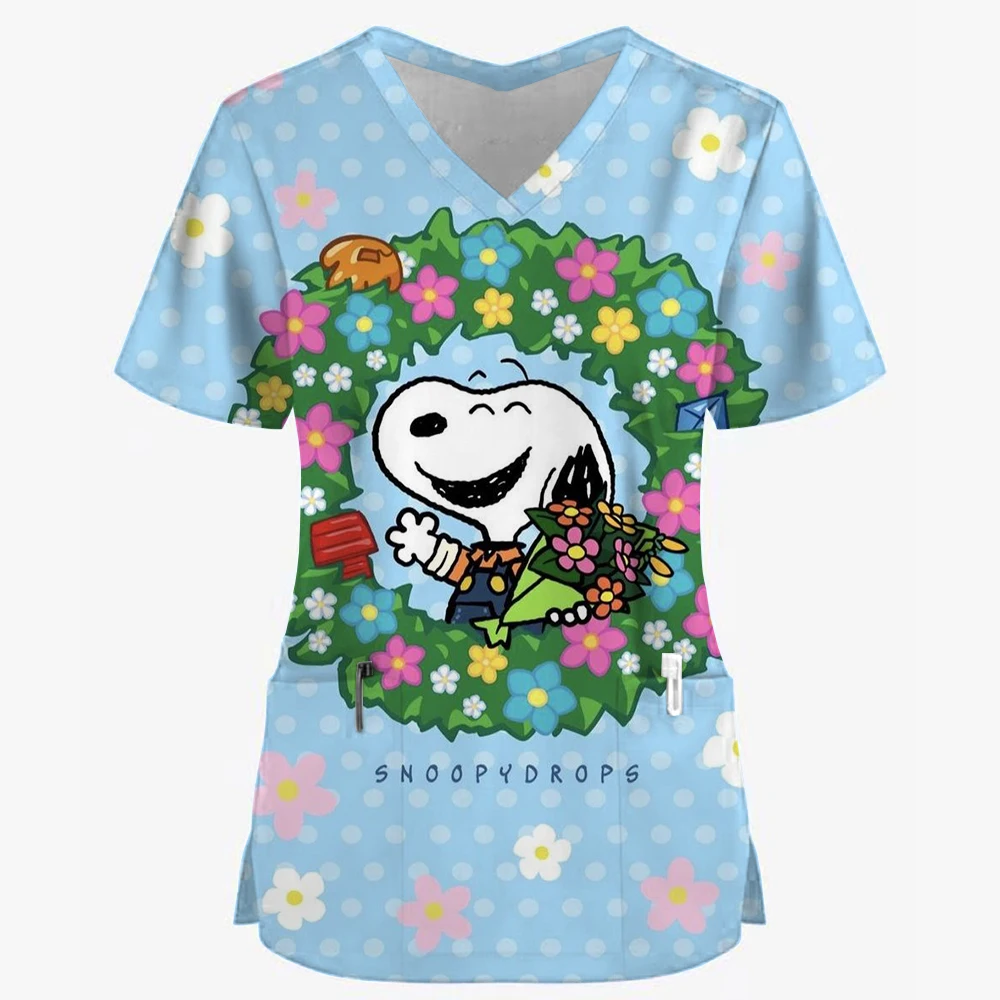 Snoopy print Pet Hospital Work Clothes Women's Short-sleeved Tops Stretch Nurse Uniform Dental Clinic V-neck Surgical Gown cute