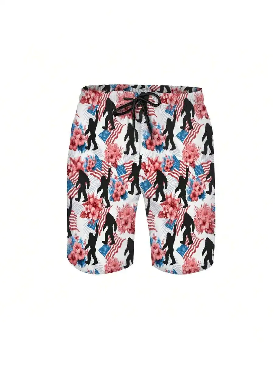 Mens American Flag Sasquatch Floral Print Beach Shorts Casual Summer Vacation Outfit