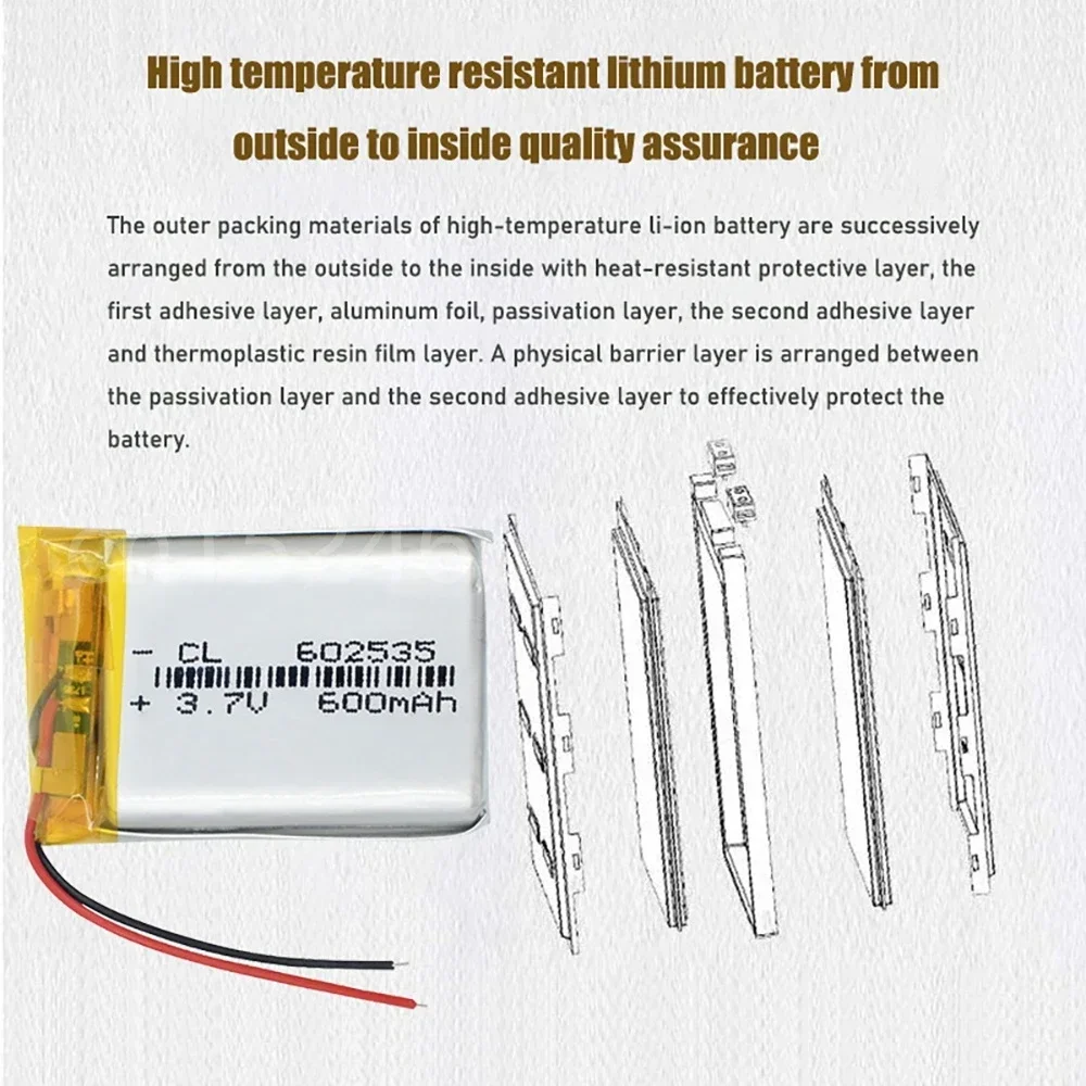 จัดหาแบตเตอรี่ลิเธียม แบตเตอรี่ลิเธียมโพลิเมอร์แบบชาร์จไฟได้ 602535   600mah 3.7V สําหรับ MP3 MP4 MP5 GPS PSP กลางชุดหูฟังบลูทูธ