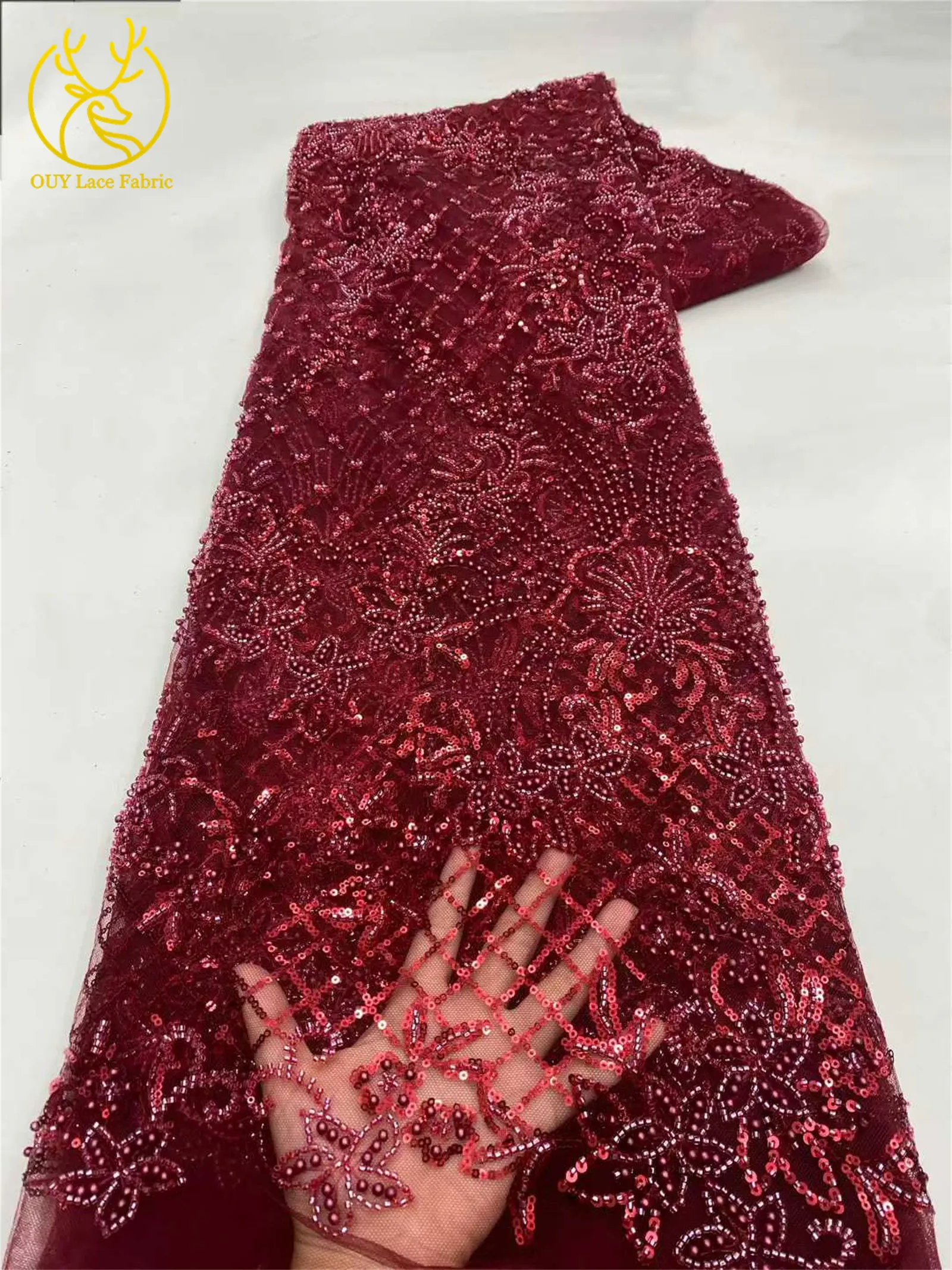 Roter afrikanischer Perlen-Spitzenstoff 2026, hochwertiger nigerianischer Pailletten-Spitzenstoff für Damen, Hochzeitskleid und Abendkleid, Nähen – Detail 23