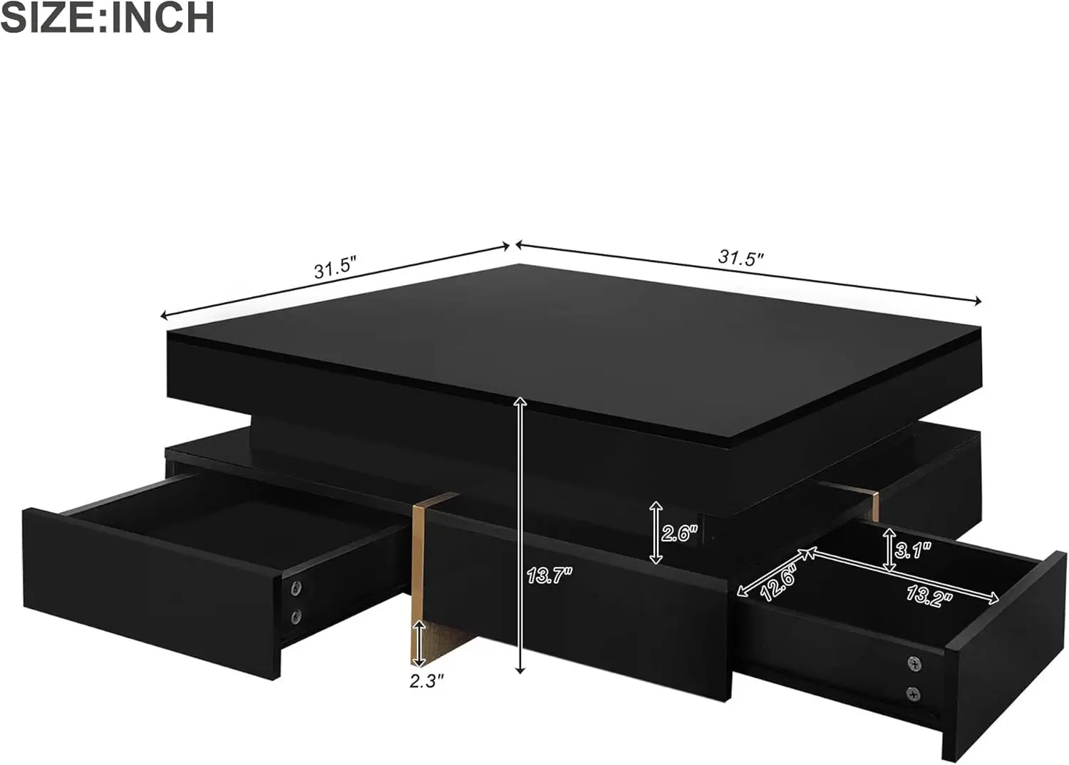 31.5''x31.5'' Modern High-Gloss Coffee Table - Black Square Cocktail/Tea Table with 4 Drawers & Wood Grain Legs,