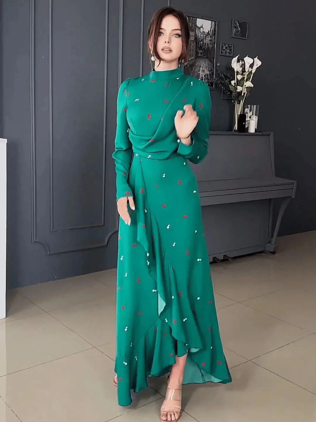 Femmes Eid robes musulmanes Abaya ourlet à volants col roulé imprimé Ramadan marocain magnifique robe de soirée caftan arabe robes coupe ajustée