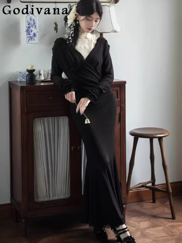 

Spring Sexy V-neck Elegant Knitted Slim Temperament Dress Fashion High Waist A-line Versatile Age-reducing Personality Dresses