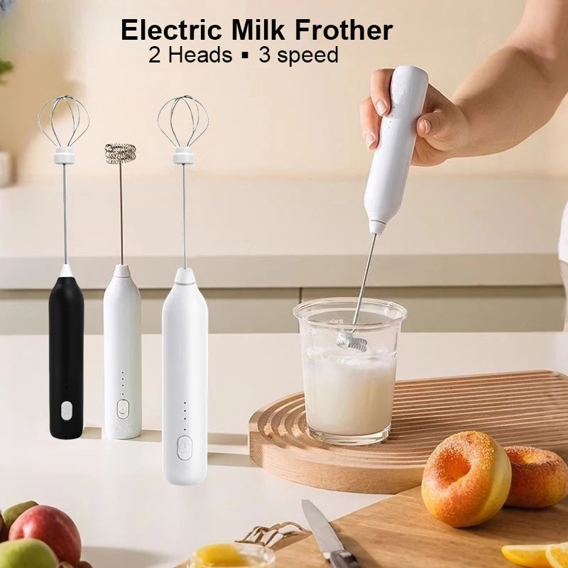 رغوة الحليب الكهربائية، 2 رأس USB صانع رغوة الحليب القابلة لإعادة الشحن للقهوة كابتشينو، خفق التحريك السائل خافق البيض 3 سرعات
