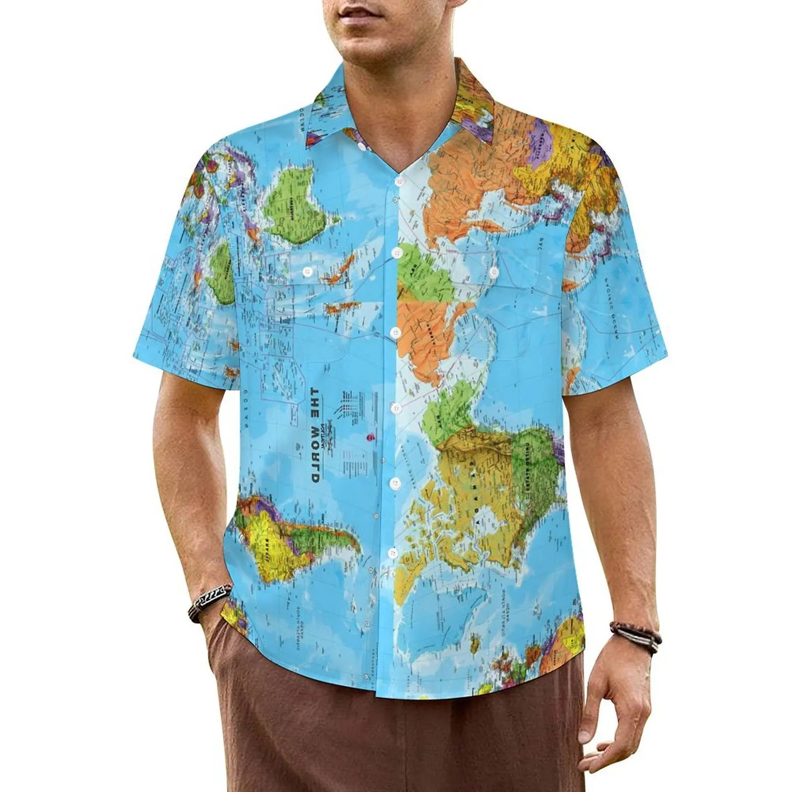 

World Map Vacation Shirt Male Vintage Print Vintage Casual Shirts Hawaii Short Sleeve Y2K Fashion Graphic Plus Size 7XL Blouses