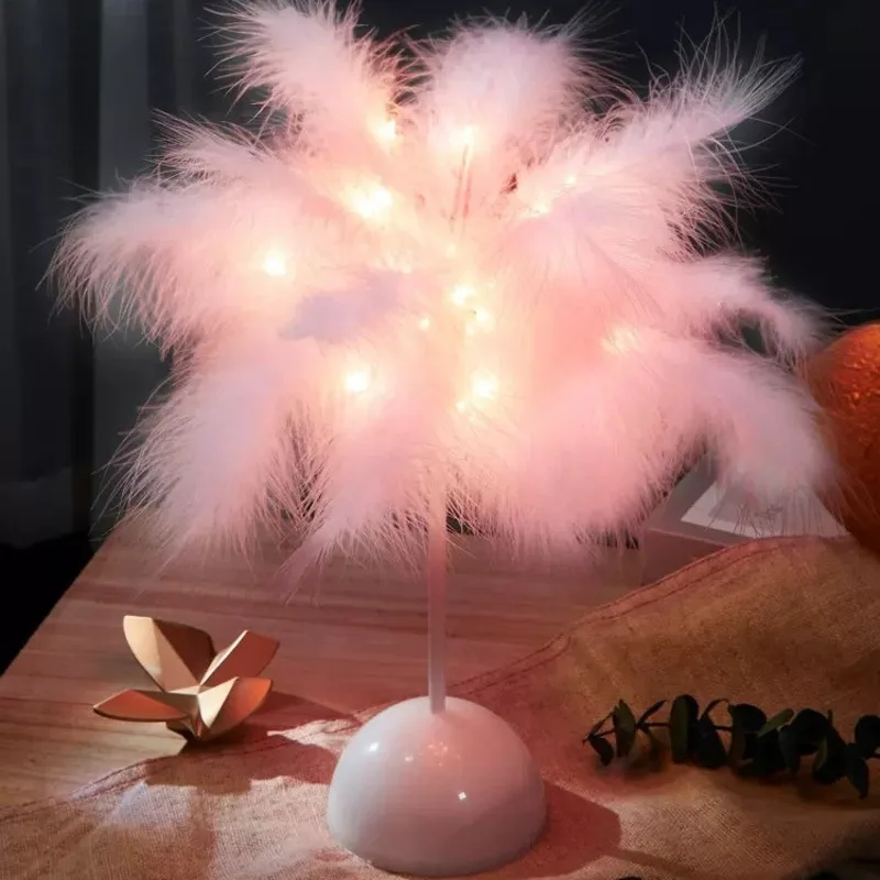 Feather Table Lamp Bedroom Girls Night Light Creative Simple Modern Wedding Room Warm Decor Light