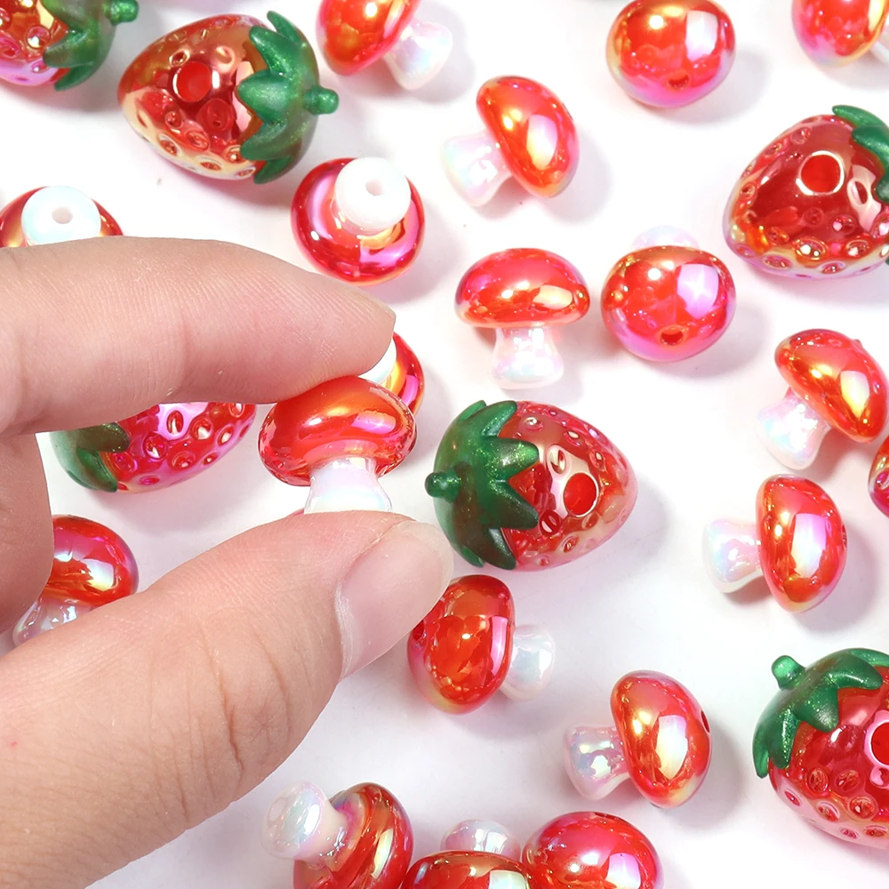 5-10pcs/lot Acrylic Strawberry Beads Cartoon AB Color 3D Mushroom Beads Loose Spacer Bead For DIY Jewelry Making Earrings