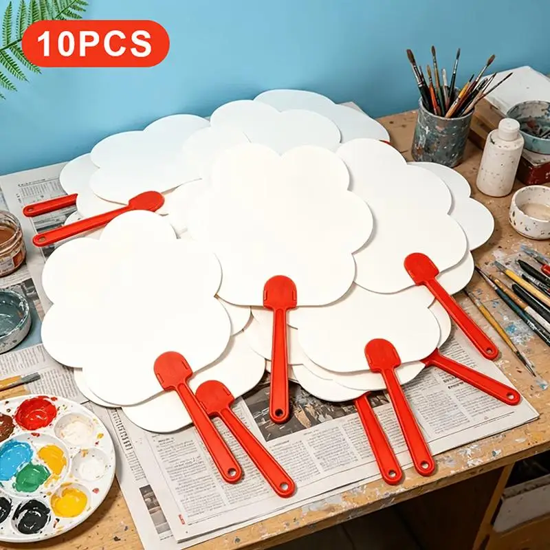 10 PCS Blank White Paper Fans , Detachable Plastic Handle, Easy To Paint Paper Fan For DIY Craft Wedding Party