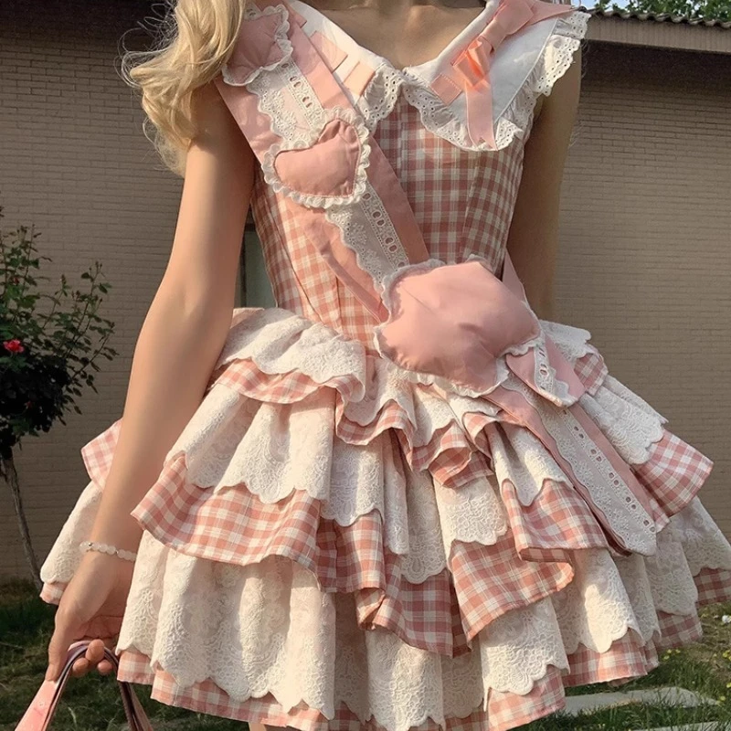2025 japonês verão bonito doce rosa xadrez pequenas mangas voadoras lolita cintura fina em camadas vestido fino para mulher