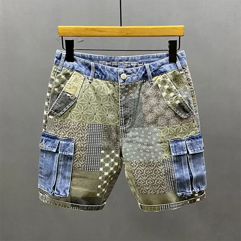 

Splicing Man Denim Shorts with Pockets Short Jeans Pants for Men Printing Korean Fashion Summer Distressed Stretch Thin Y2k Blue
