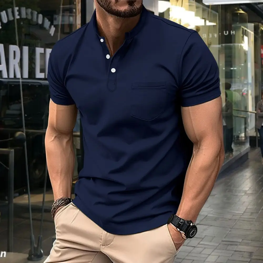 Summer Mens Waffle Fabric Stand Collar T Shirt Slim Fit Casual Workout Sport Fitness Muscle Short Sleeve Top