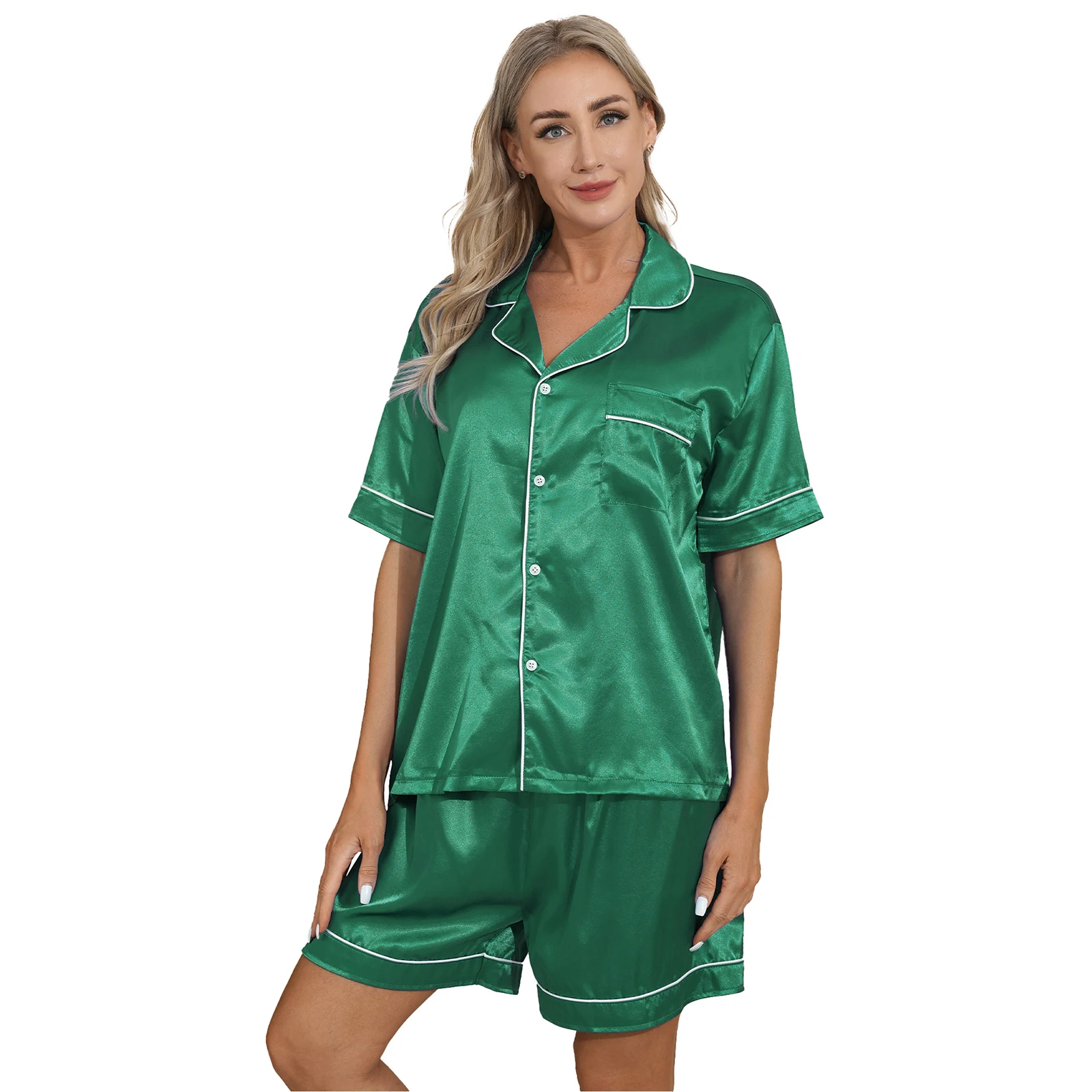 Womens Silky Satin Pajamas Set Notch Collar Short Sleeves Button Down Shirt Top with Boxer Shorts for Sleepwear Loungewear