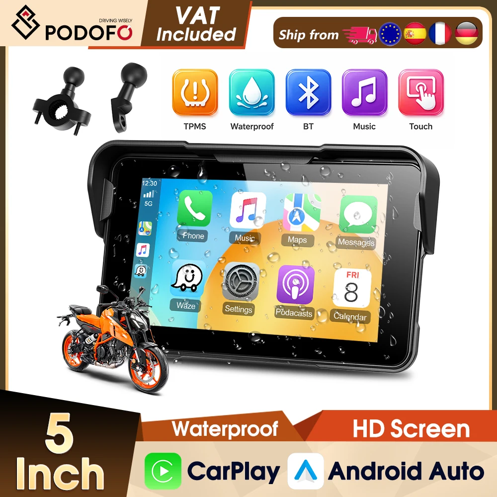 Podofo 5-Zoll Motorrad Tragbarer Smart-Player Kabelloses Carplay Android Auto IP68 Wasserdicht Hochauflösender Großbildschirm Bluetooth Helligkeitsverstellung Winkelverstellbarer Motorradmonitor