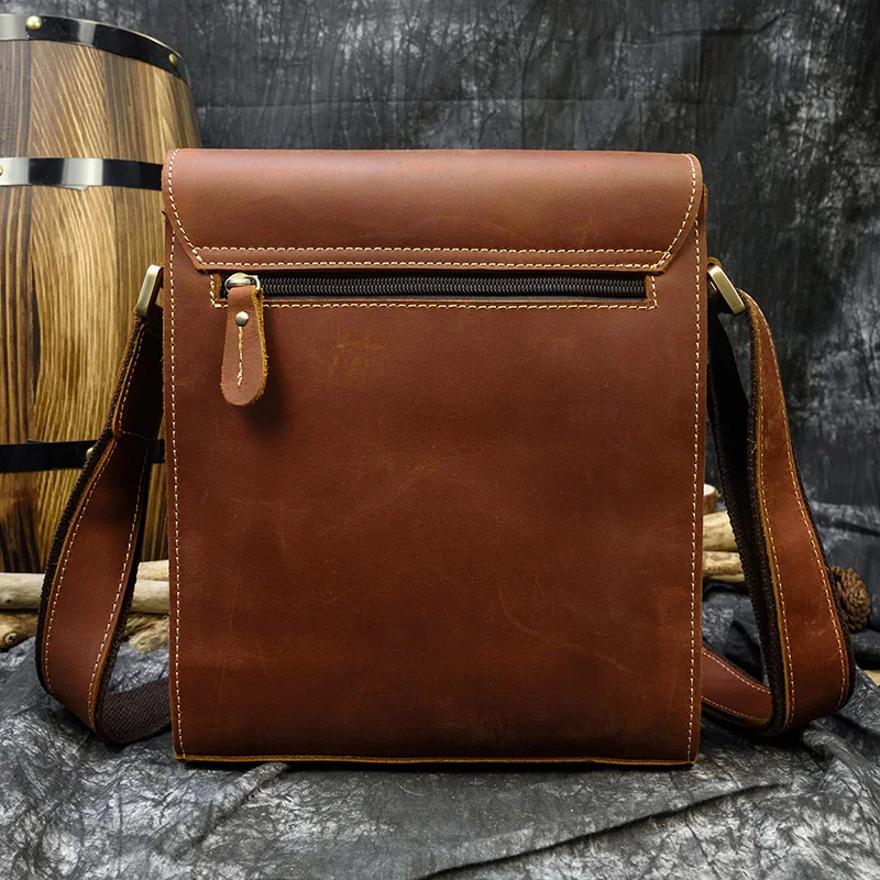 Men\'s Crazy Horse Leather Shoulder Bag iPad Genuine Leather Messenger Bag Vintage Casual Travel Bag Durable Leather Book Bag