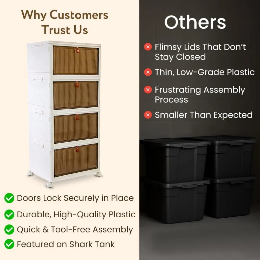 Organisateur de rangement empilable à 4 niveaux avec portes magnétiques, bacs pliables pour chambre à coucher, placard, dortoir - Capacité de 24 gallons